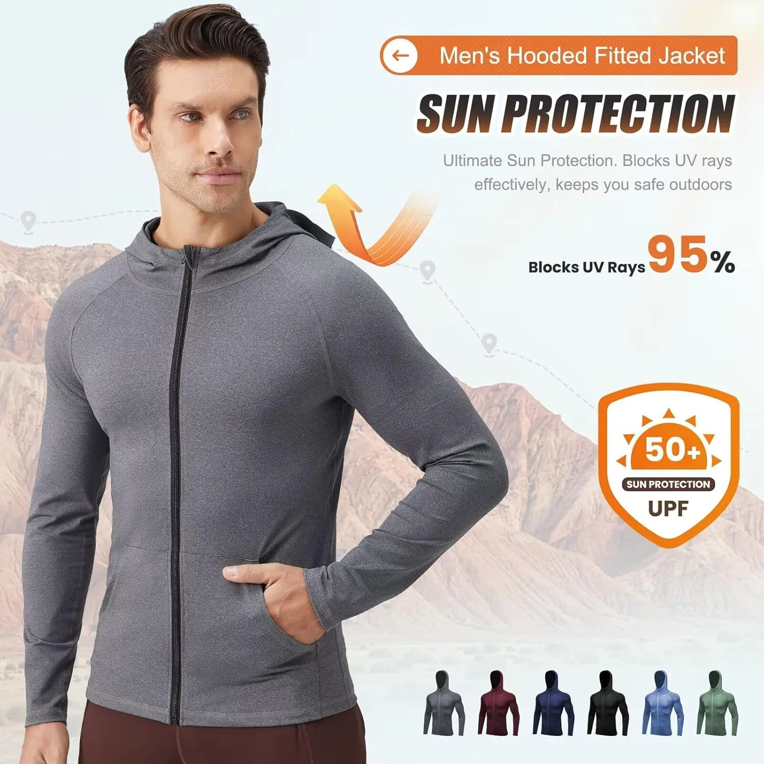 Mens Athletic Jacket for Running Workout Hiking Full Zip Sun Protection Hoodies for Fishing,Fast Dry Lightweight