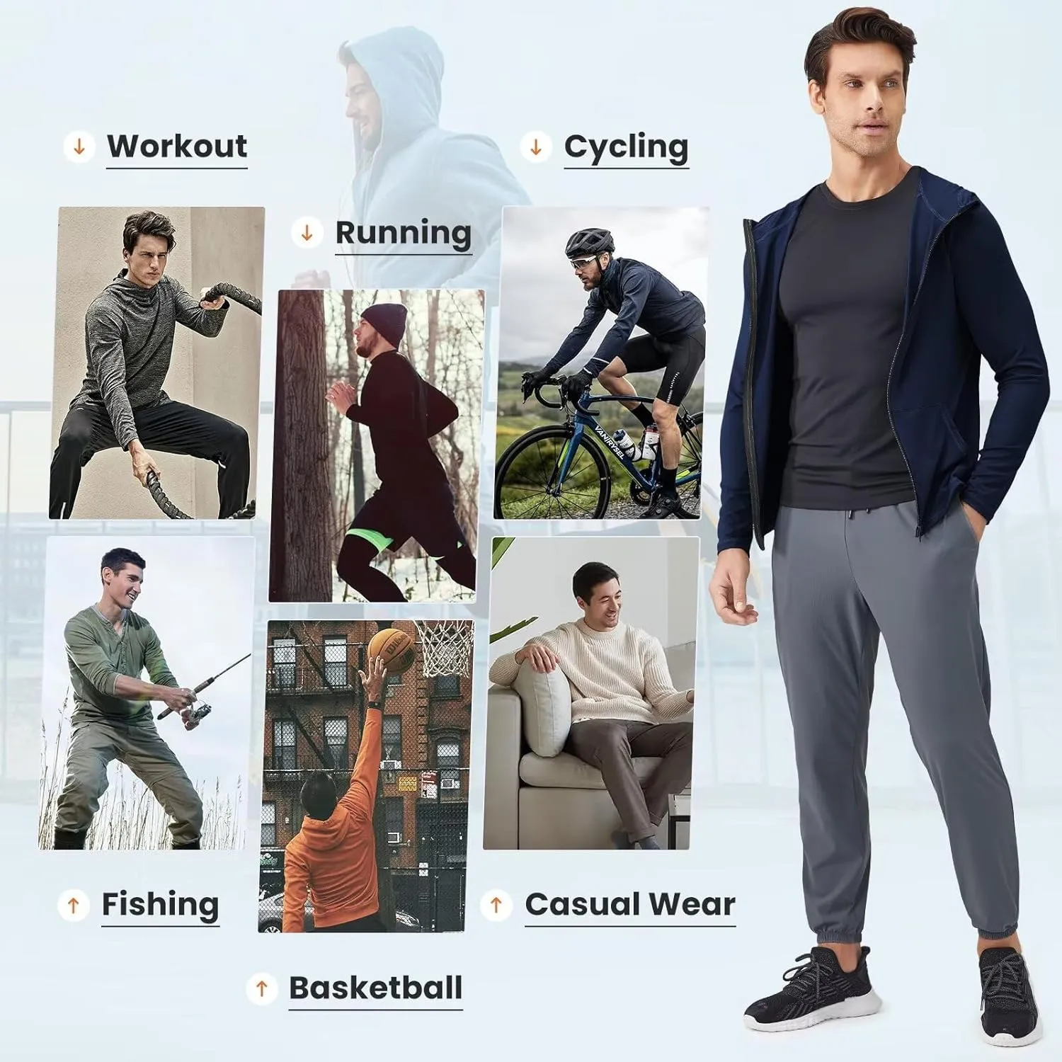 Mens Athletic Jacket for Running Workout Hiking Full Zip Sun Protection Hoodies for Fishing,Fast Dry Lightweight