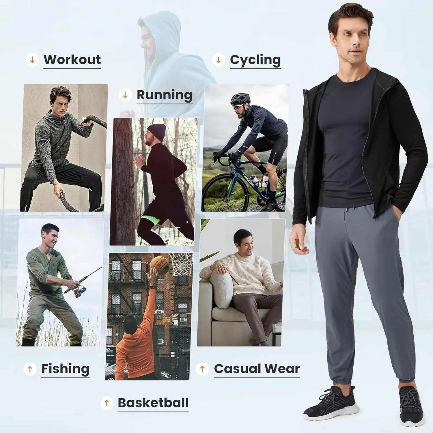 Mens Athletic Jacket for Running Workout Hiking Full Zip Sun Protection Hoodies for Fishing,Fast Dry Lightweight