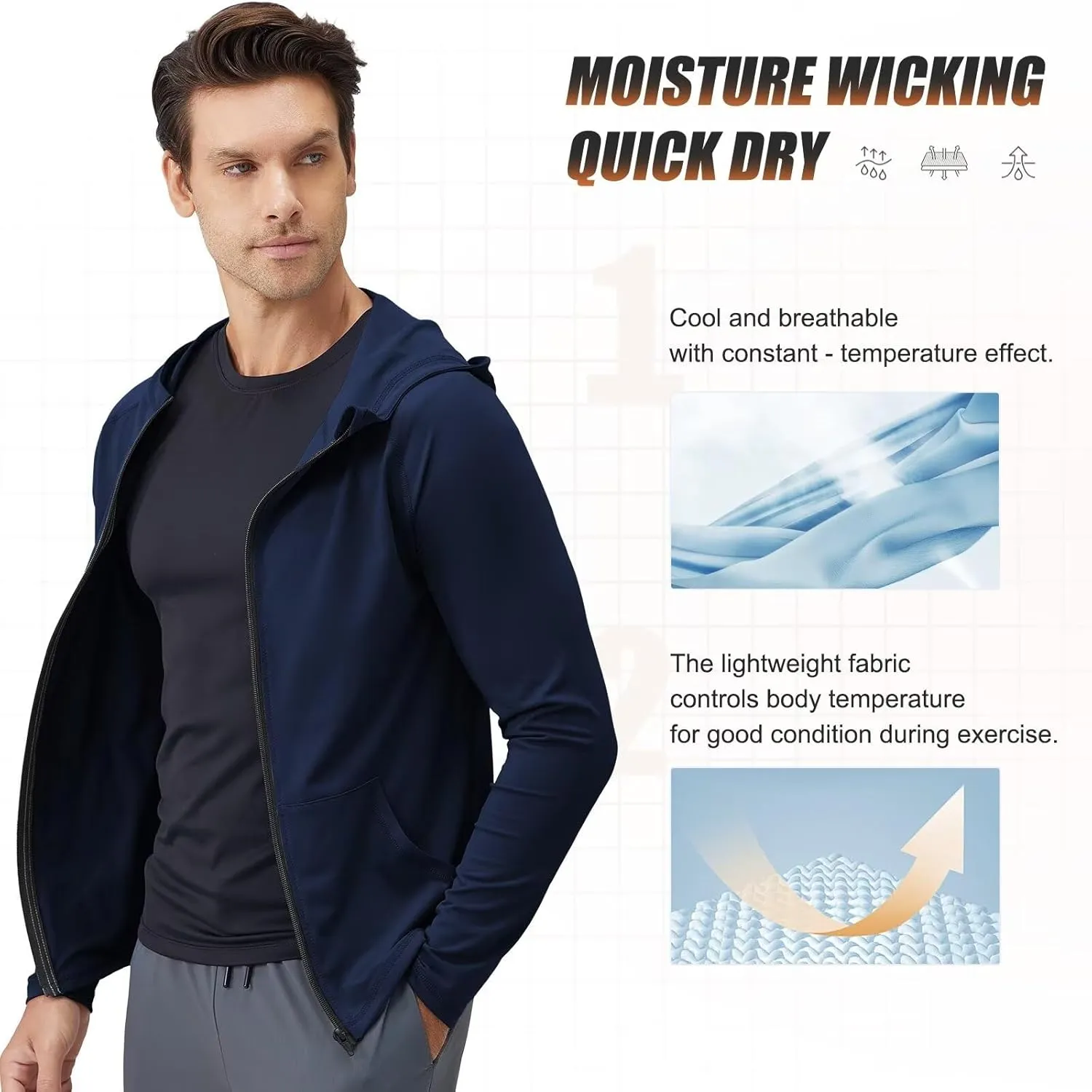 Mens Athletic Jacket for Running Workout Hiking Full Zip Sun Protection Hoodies for Fishing,Fast Dry Lightweight
