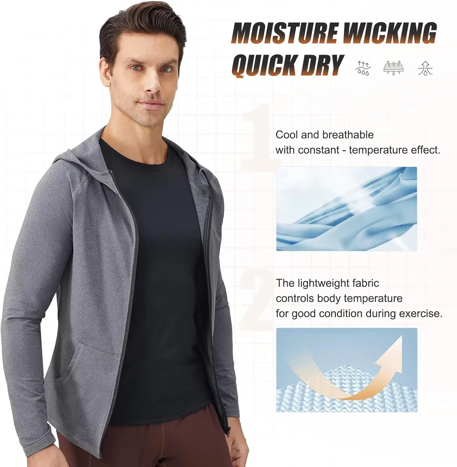 Mens Athletic Jacket for Running Workout Hiking Full Zip Sun Protection Hoodies for Fishing,Fast Dry Lightweight
