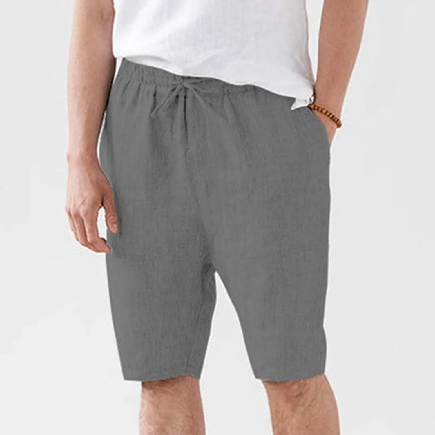 Men's Cotton Linen Shorts with Pockets Solid Color Wide Leg Drawstring Five Pants Lightweight Breathable Summer Basic Capris