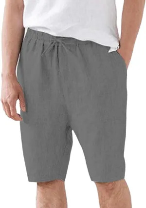 Men's Cotton Linen Shorts with Pockets Solid Color Wide Leg Drawstring Five Pants Lightweight Breathable Summer Basic Capris