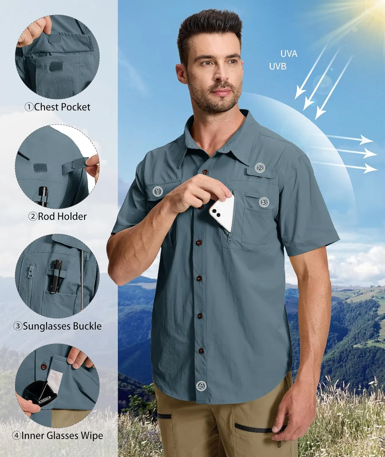 Men's Fishing Shirt Sun Protection Short Sleeve Cooling Button Down Shirts for Hiking Travel