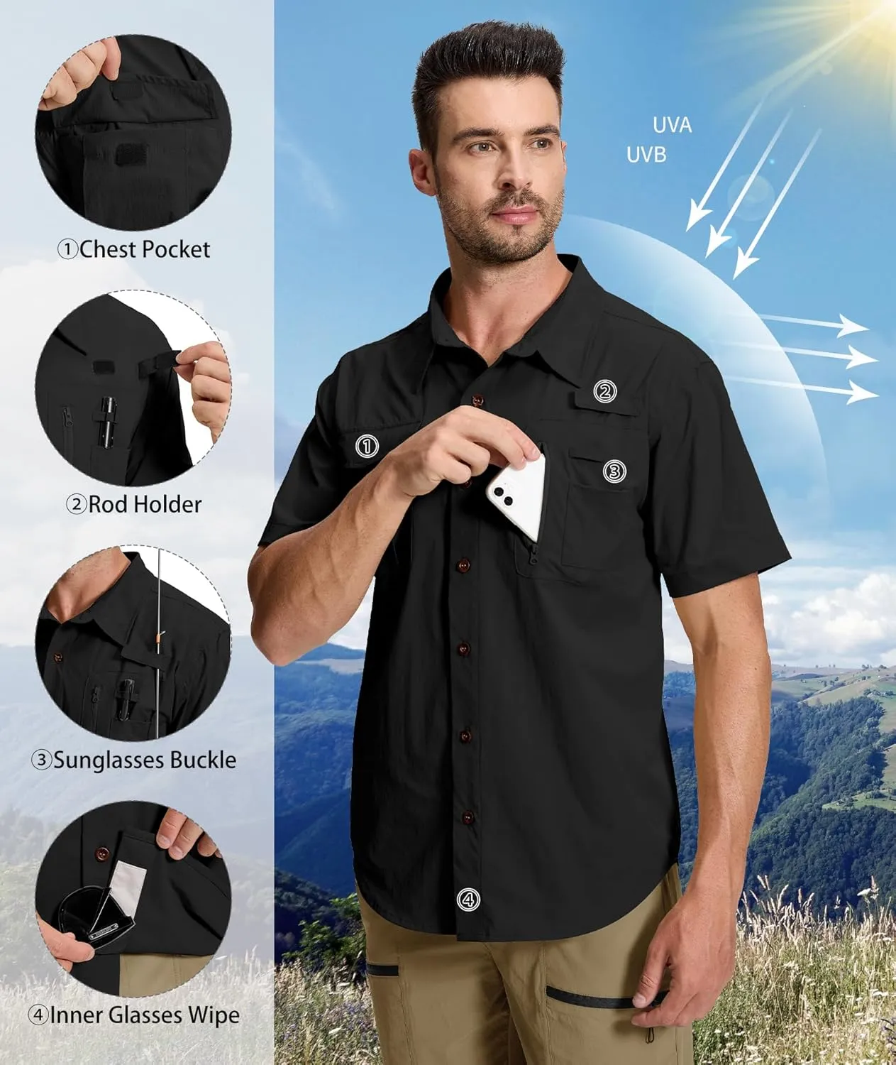 Men's Fishing Shirt Sun Protection Short Sleeve Cooling Button Down Shirts for Hiking Travel