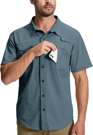 Men's Fishing Shirt Sun Protection Short Sleeve Cooling Button Down Shirts for Hiking Travel