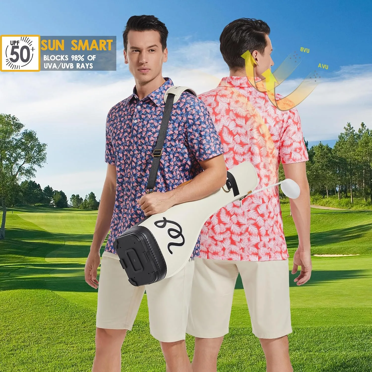 Mens Golf Shirt Moisture Wicking Dry Fit Print Performance Short Sleeve Polo Shirts for Men