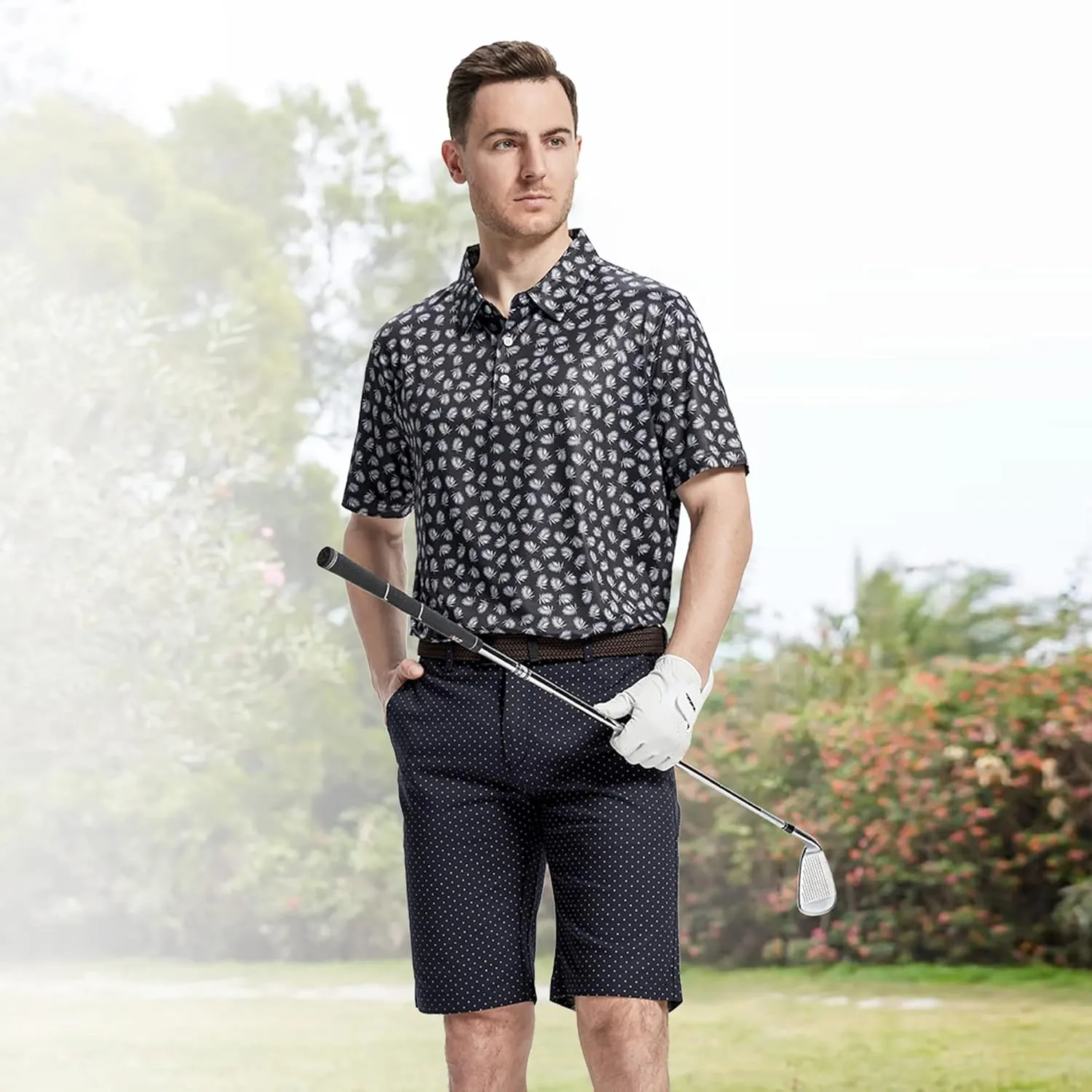Mens Golf Shirt Moisture Wicking Dry Fit Print Performance Short Sleeve Polo Shirts for Men