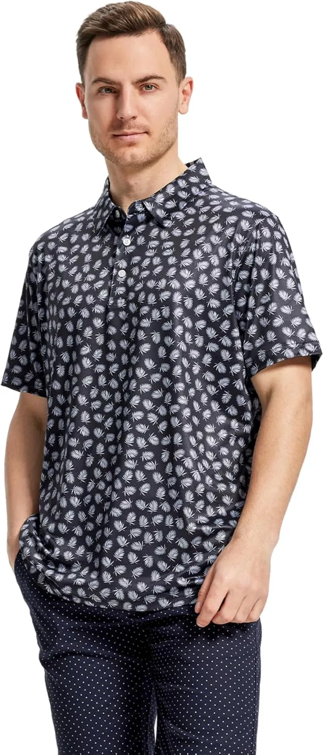 Mens Golf Shirt Moisture Wicking Dry Fit Print Performance Short Sleeve Polo Shirts for Men