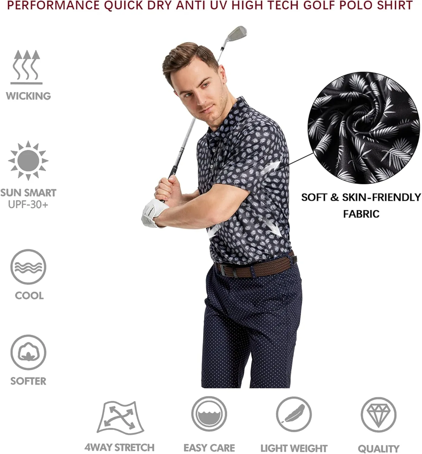 Mens Golf Shirt Moisture Wicking Dry Fit Print Performance Short Sleeve Polo Shirts for Men