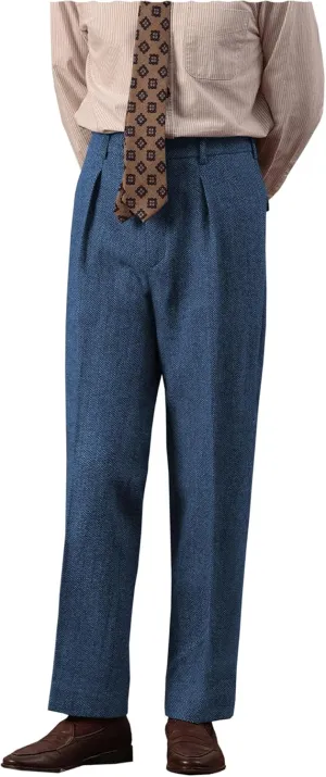 Mens High Waisted Tweed Pleated Front Dress Pant Classic Fit