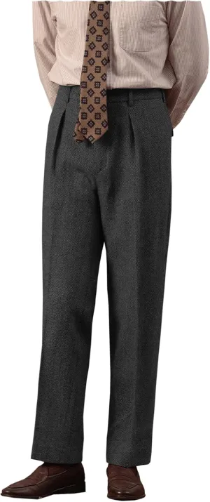 Mens High Waisted Tweed Pleated Front Dress Pant Classic Fit