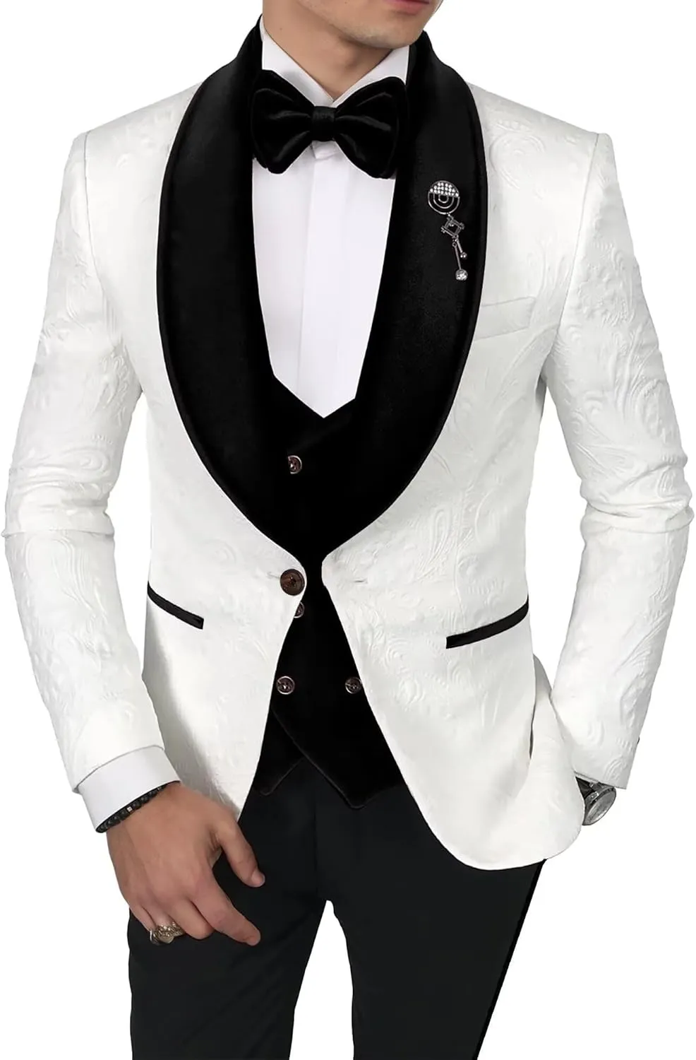 Men's Jacquard Suits 3 Piece Shawl Lapel One Button Blazer Tuxedo Velvet Vest Formal Wedding Prom Suit Set