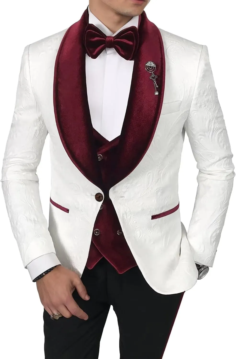 Men's Jacquard Suits 3 Piece Shawl Lapel One Button Blazer Tuxedo Velvet Vest Formal Wedding Prom Suit Set