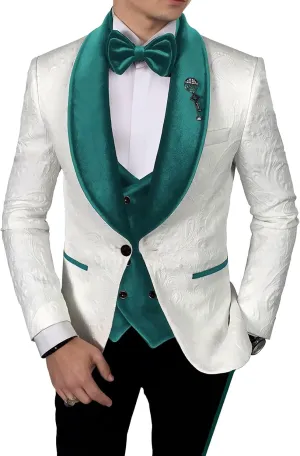 Men's Jacquard Suits 3 Piece Shawl Lapel One Button Blazer Tuxedo Velvet Vest Formal Wedding Prom Suit Set