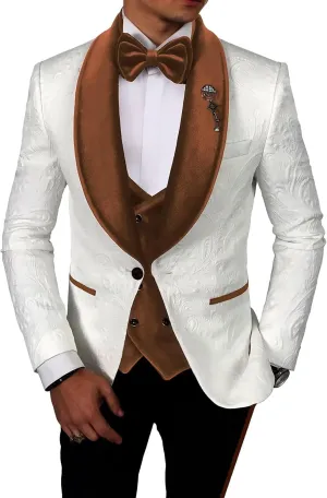 Men's Jacquard Suits 3 Piece Shawl Lapel One Button Blazer Tuxedo Velvet Vest Formal Wedding Prom Suit Set