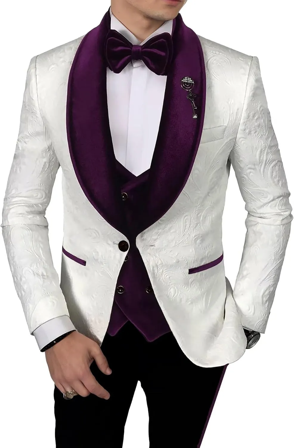 Men's Jacquard Suits 3 Piece Shawl Lapel One Button Blazer Tuxedo Velvet Vest Formal Wedding Prom Suit Set