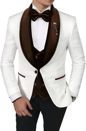 Men's Jacquard Suits 3 Piece Shawl Lapel One Button Blazer Tuxedo Velvet Vest Formal Wedding Prom Suit Set
