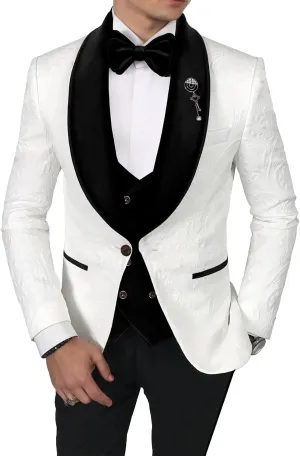 Men's Jacquard Suits 3 Piece Shawl Lapel One Button Blazer Tuxedo Velvet Vest Formal Wedding Prom Suit Set