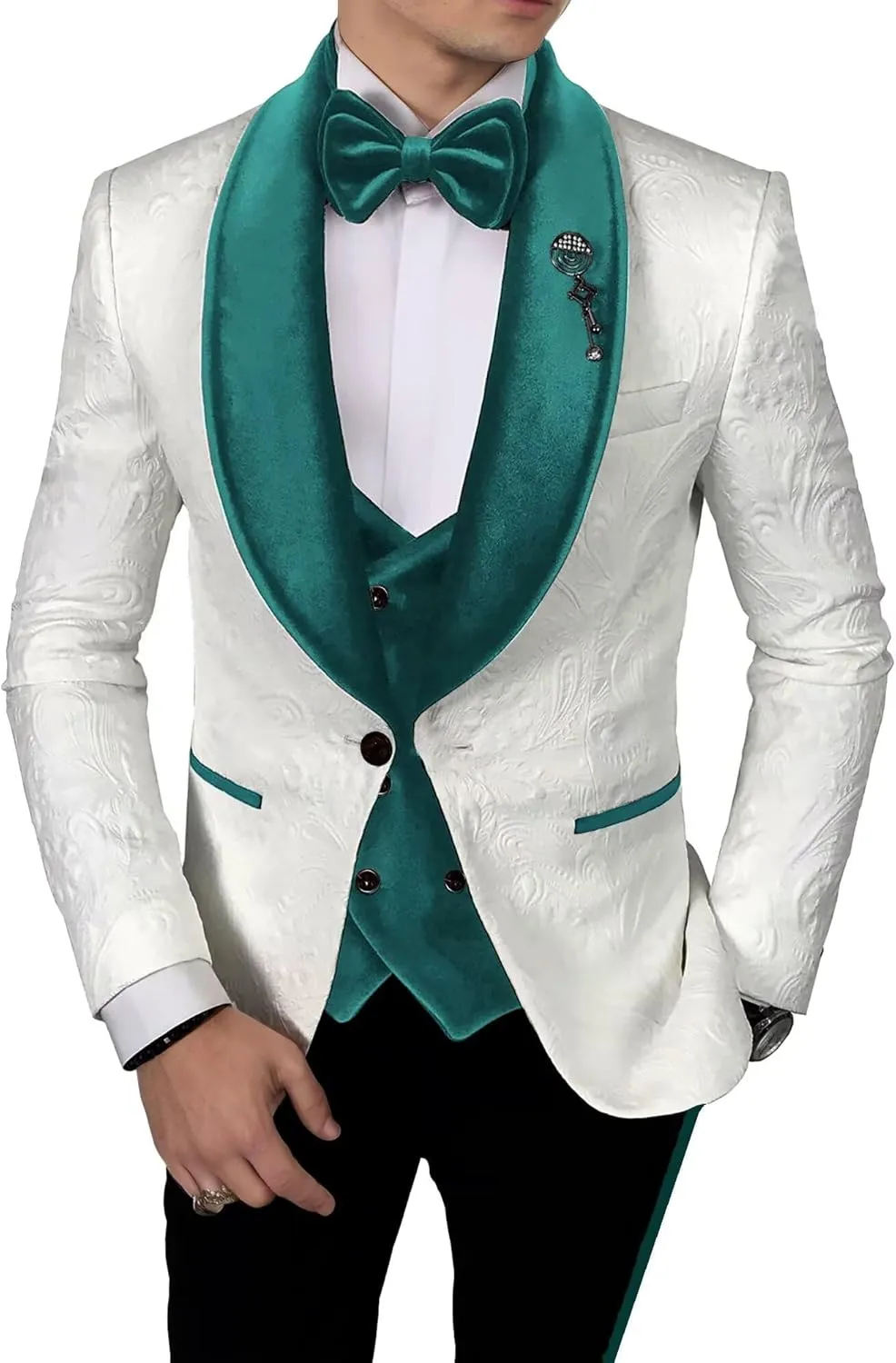 Men's Jacquard Suits 3 Piece Shawl Lapel One Button Blazer Tuxedo Velvet Vest Formal Wedding Prom Suit Set