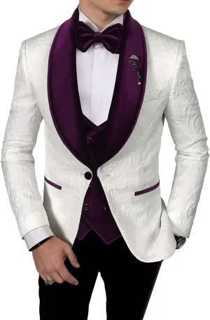 Men's Jacquard Suits 3 Piece Shawl Lapel One Button Blazer Tuxedo Velvet Vest Formal Wedding Prom Suit Set