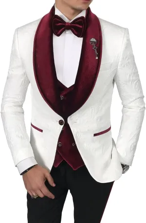 Men's Jacquard Suits 3 Piece Shawl Lapel One Button Blazer Tuxedo Velvet Vest Formal Wedding Prom Suit Set