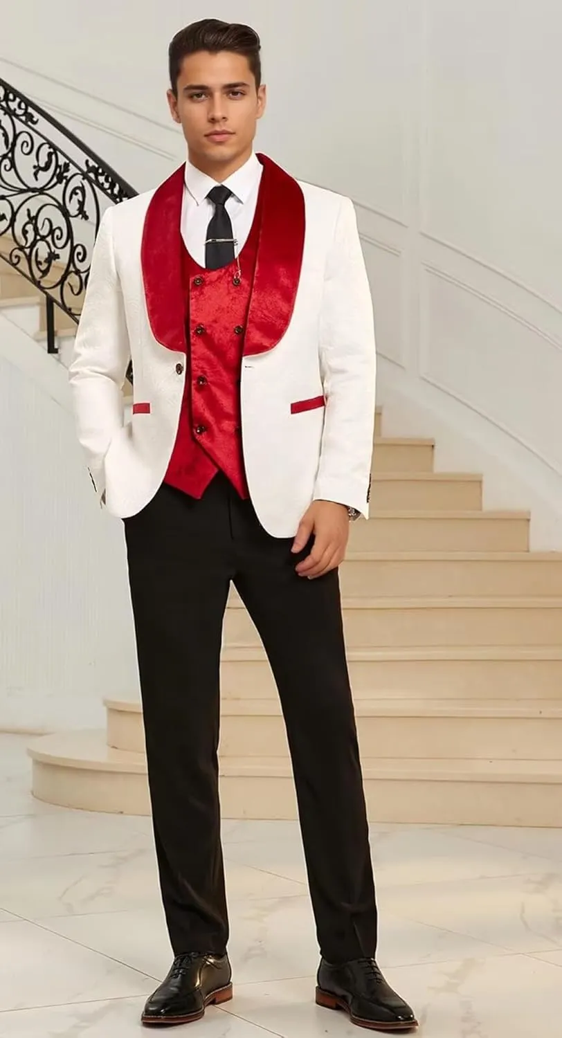 Men's Jacquard Suits 3 Piece Shawl Lapel One Button Blazer Tuxedo Velvet Vest Formal Wedding Prom Suit Set