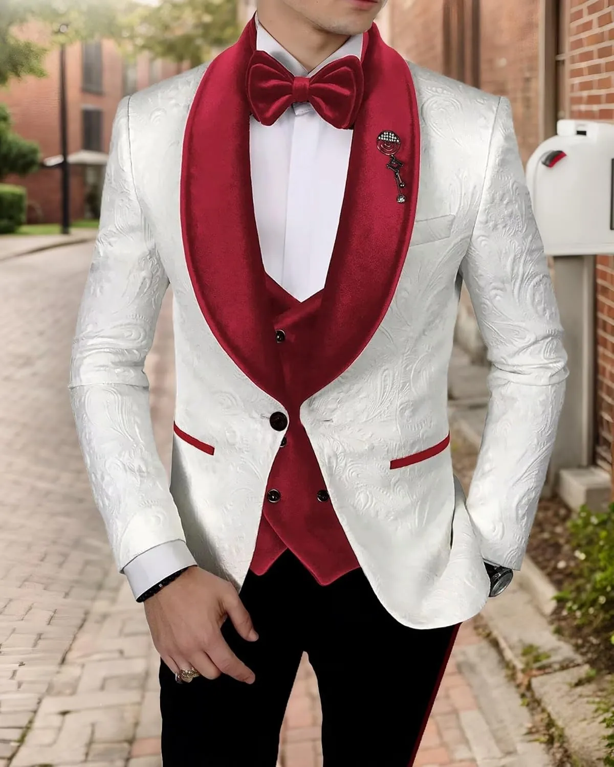 Men's Jacquard Suits 3 Piece Shawl Lapel One Button Blazer Tuxedo Velvet Vest Formal Wedding Prom Suit Set