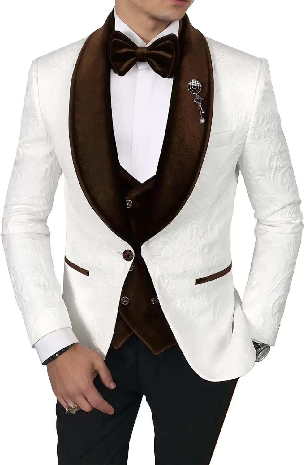 Men's Jacquard Suits 3 Piece Shawl Lapel One Button Blazer Tuxedo Velvet Vest Formal Wedding Prom Suit Set