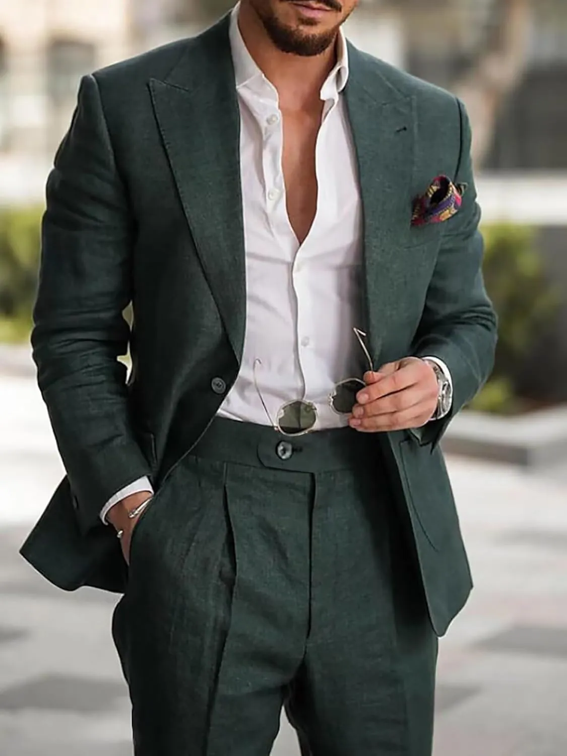 Mens Linen Suit 2 Piece Regular Fit Casual Linen Tuxedo Set Summer Beach Wedding Suits for Prom Party