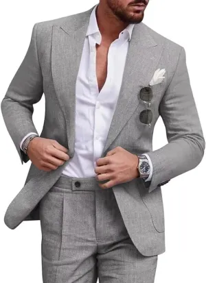 Mens Linen Suit 2 Piece Regular Fit Casual Linen Tuxedo Set Summer Beach Wedding Suits for Prom Party