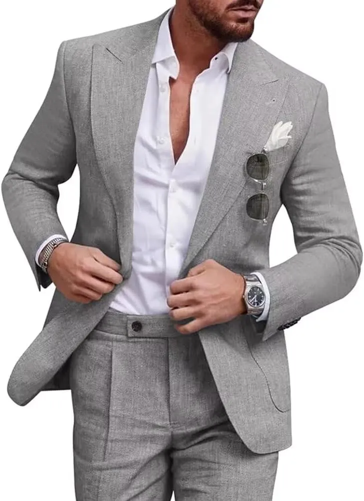 Mens Linen Suit 2 Piece Regular Fit Casual Linen Tuxedo Set Summer Beach Wedding Suits for Prom Party