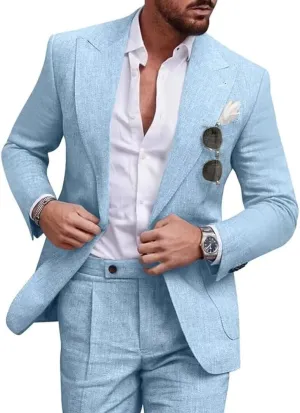Mens Linen Suit 2 Piece Regular Fit Casual Linen Tuxedo Set Summer Beach Wedding Suits for Prom Party
