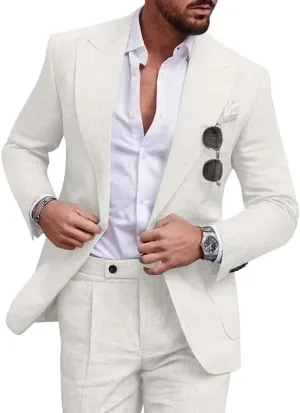 Mens Linen Suit 2 Piece Regular Fit Casual Linen Tuxedo Set Summer Beach Wedding Suits for Prom Party