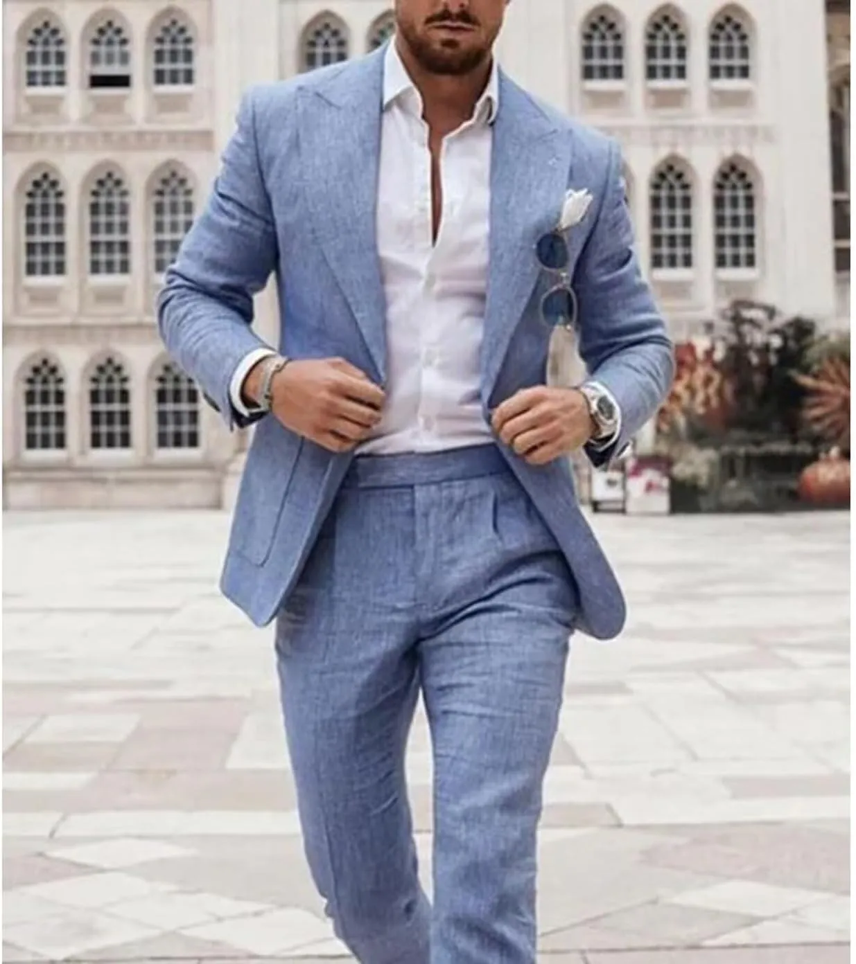 Mens Linen Suit 2 Piece Regular Fit Casual Linen Tuxedo Set Summer Beach Wedding Suits for Prom Party