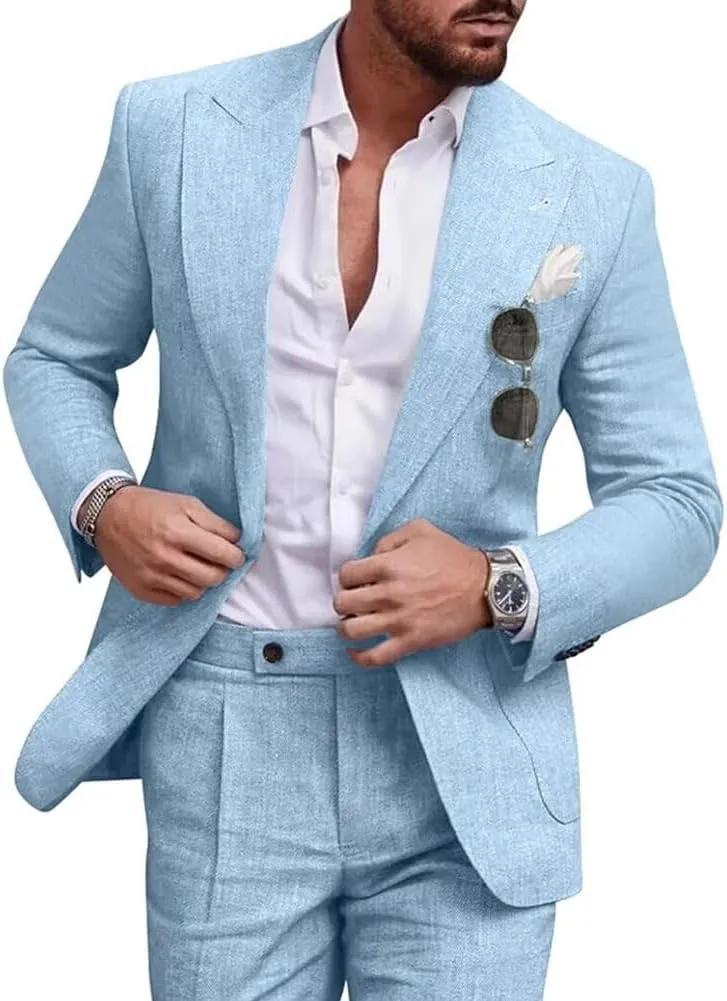 Mens Linen Suit 2 Piece Regular Fit Casual Linen Tuxedo Set Summer Beach Wedding Suits for Prom Party