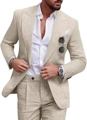 Mens Linen Suit 2 Piece Regular Fit Casual Linen Tuxedo Set Summer Beach Wedding Suits for Prom Party