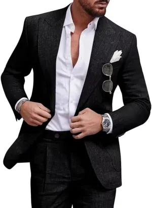 Mens Linen Suit 2 Piece Regular Fit Casual Linen Tuxedo Set Summer Beach Wedding Suits for Prom Party