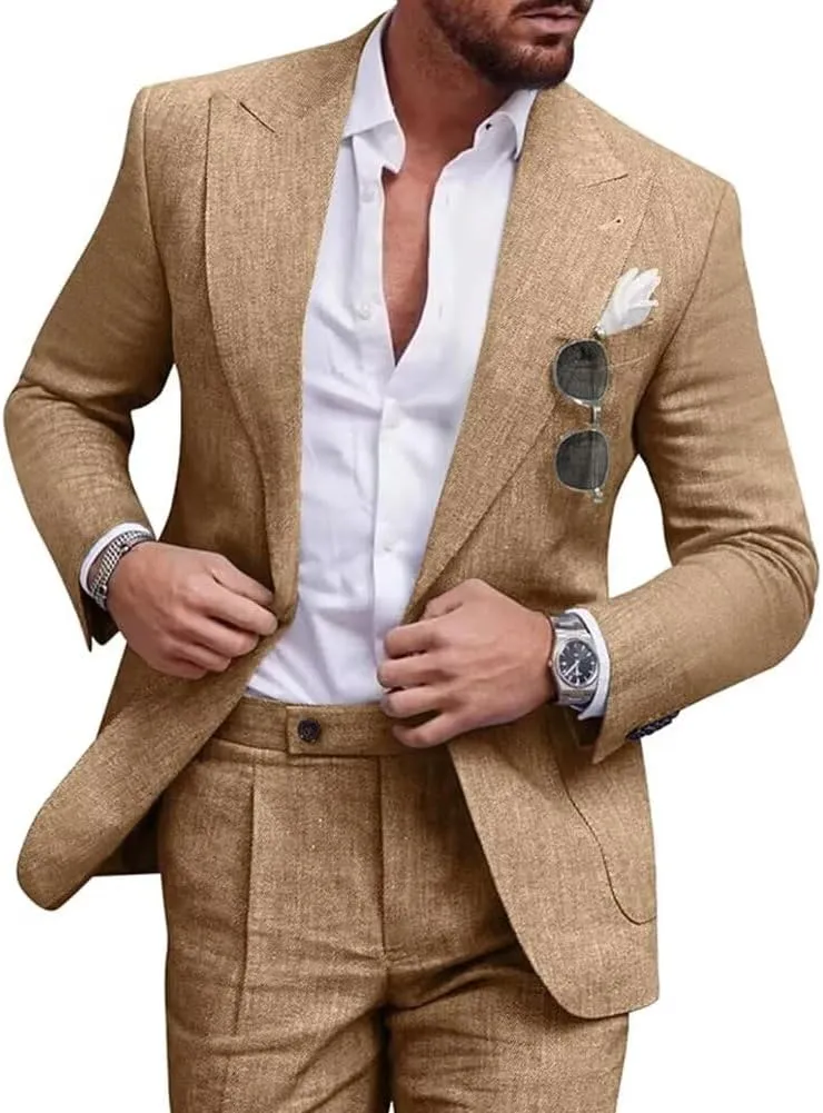 Mens Linen Suit 2 Piece Regular Fit Casual Linen Tuxedo Set Summer Beach Wedding Suits for Prom Party