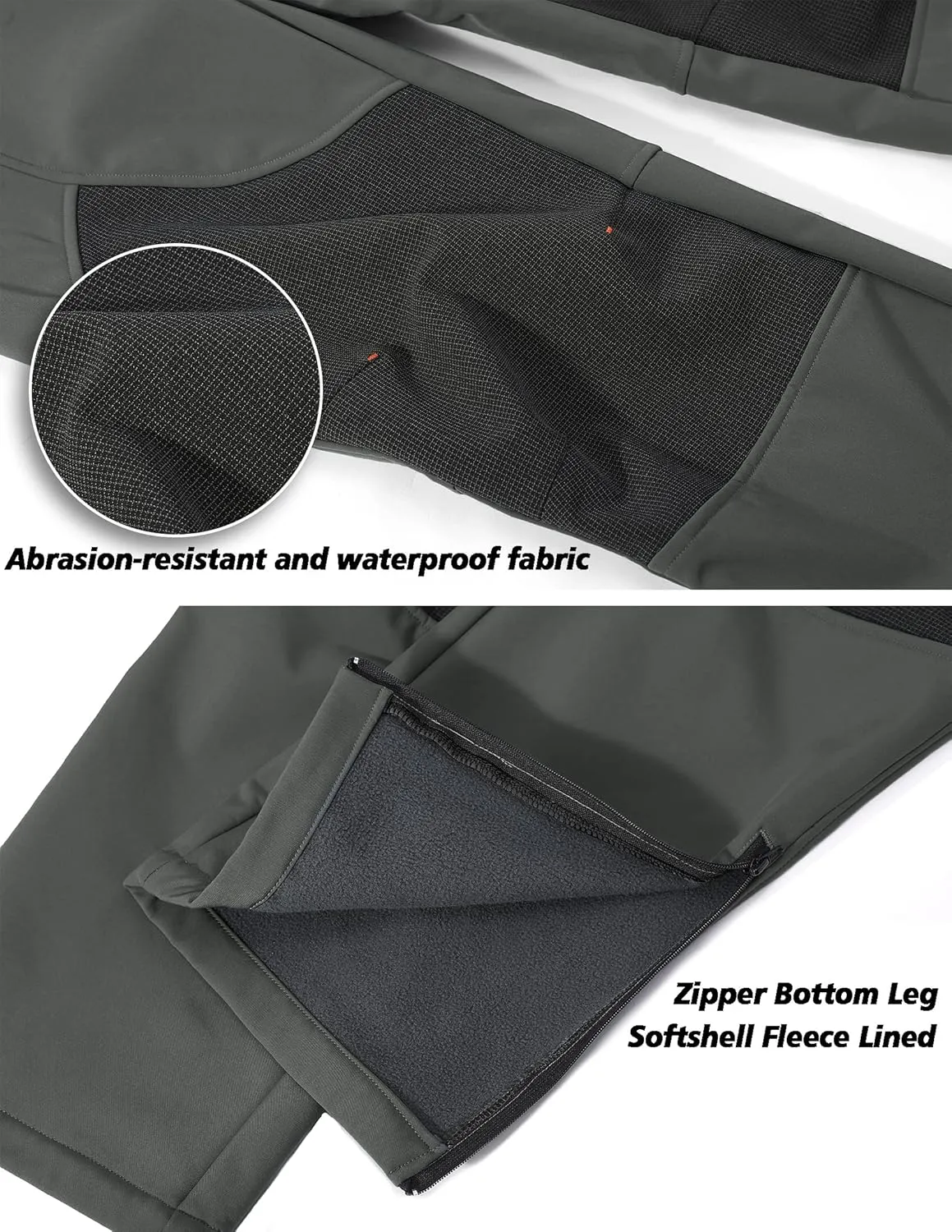 Men's Snow Ski Waterproof Hiking Pants Fleece Lined Softshell Insulated Snowboard Outdoor Work Zipper Bottom Leg