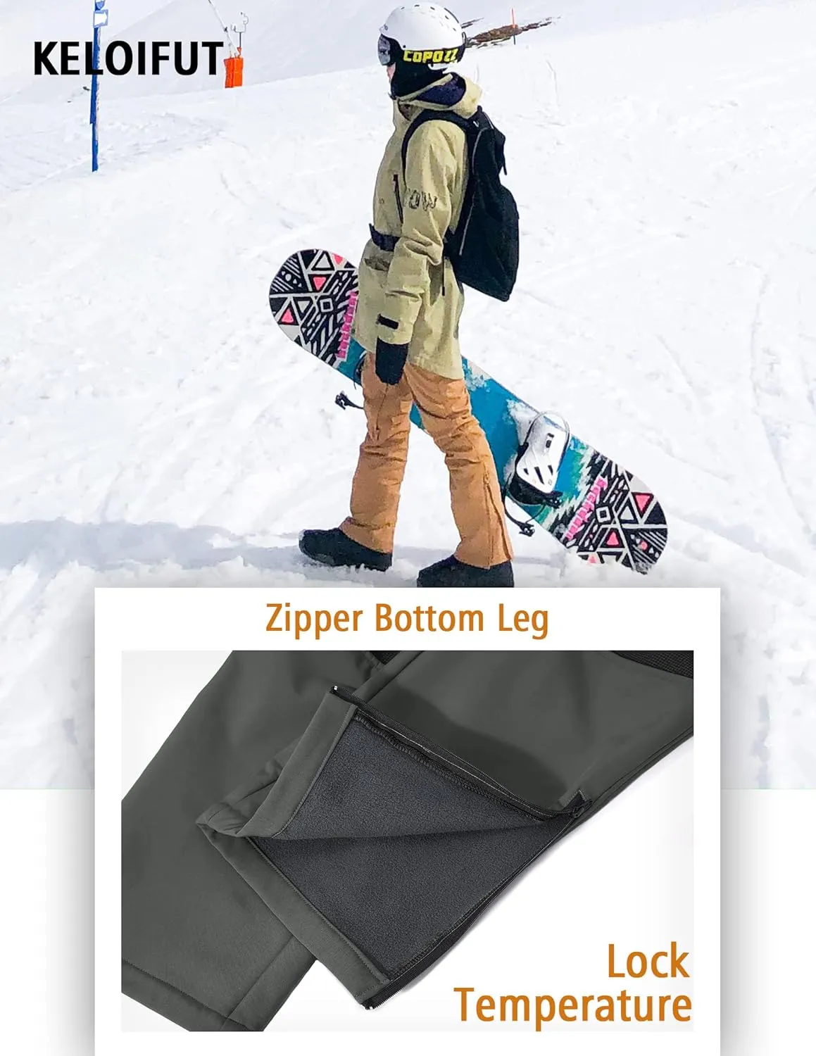 Men's Snow Ski Waterproof Hiking Pants Fleece Lined Softshell Insulated Snowboard Outdoor Work Zipper Bottom Leg