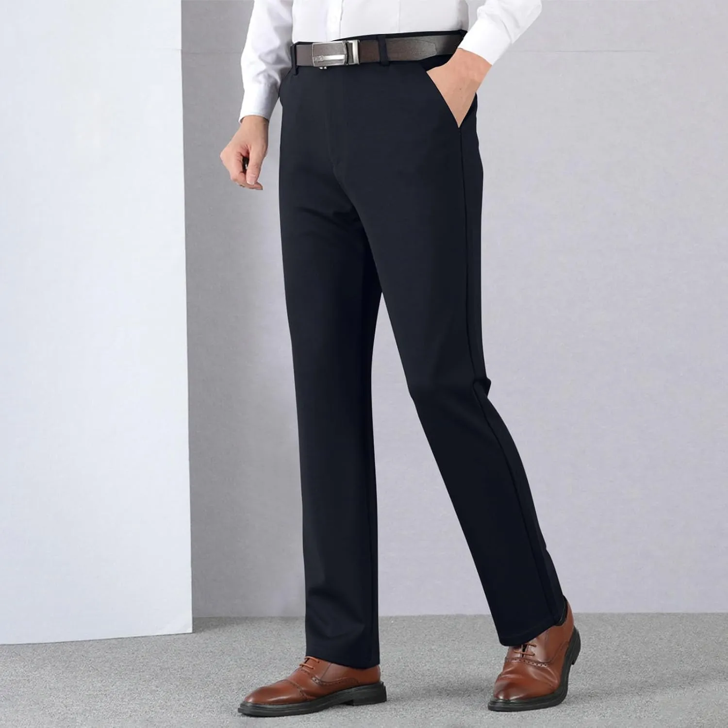 Men's Thicken Dress Pants Flat Front Slim Fit Business Work Pant Casual Straight Leg Suit Trousers with Pockets