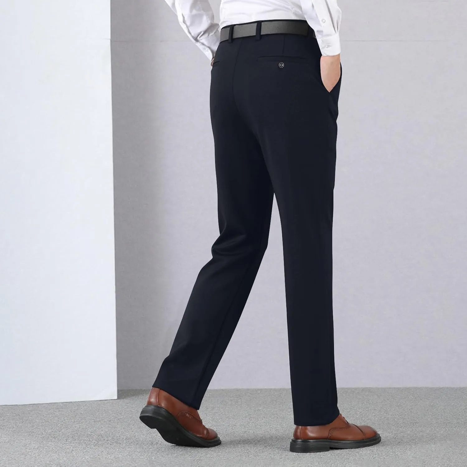 Men's Thicken Dress Pants Flat Front Slim Fit Business Work Pant Casual Straight Leg Suit Trousers with Pockets