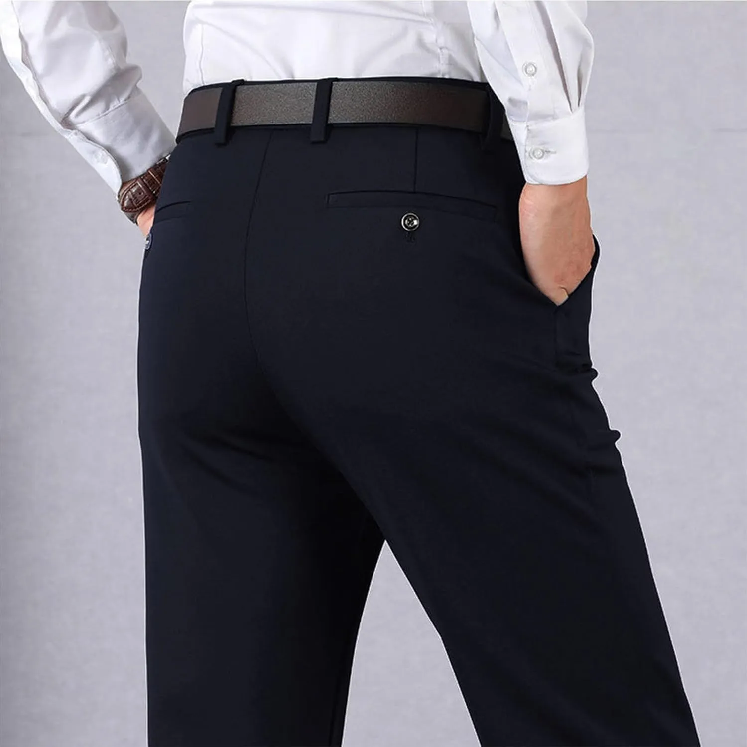 Men's Thicken Dress Pants Flat Front Slim Fit Business Work Pant Casual Straight Leg Suit Trousers with Pockets