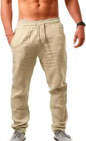 Muyise Men's Casual Linen Pants Elastic Waist Drawstring Loose Fit Jogger Yoga Trousers Quick Dry Lounge Pants with Pockets