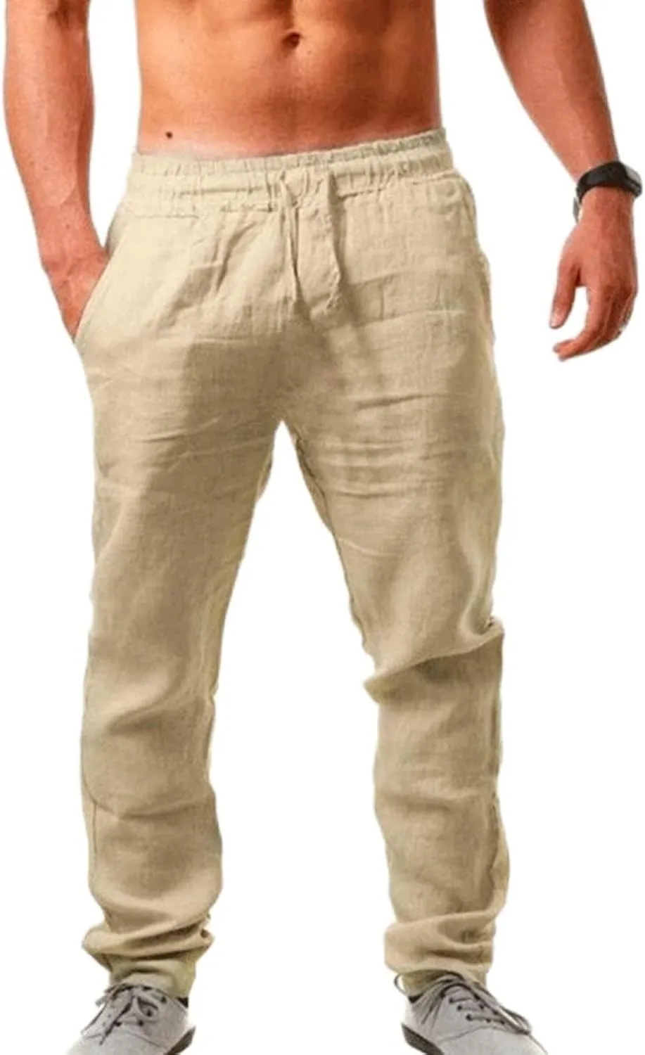 Muyise Men's Casual Linen Pants Elastic Waist Drawstring Loose Fit Jogger Yoga Trousers Quick Dry Lounge Pants with Pockets