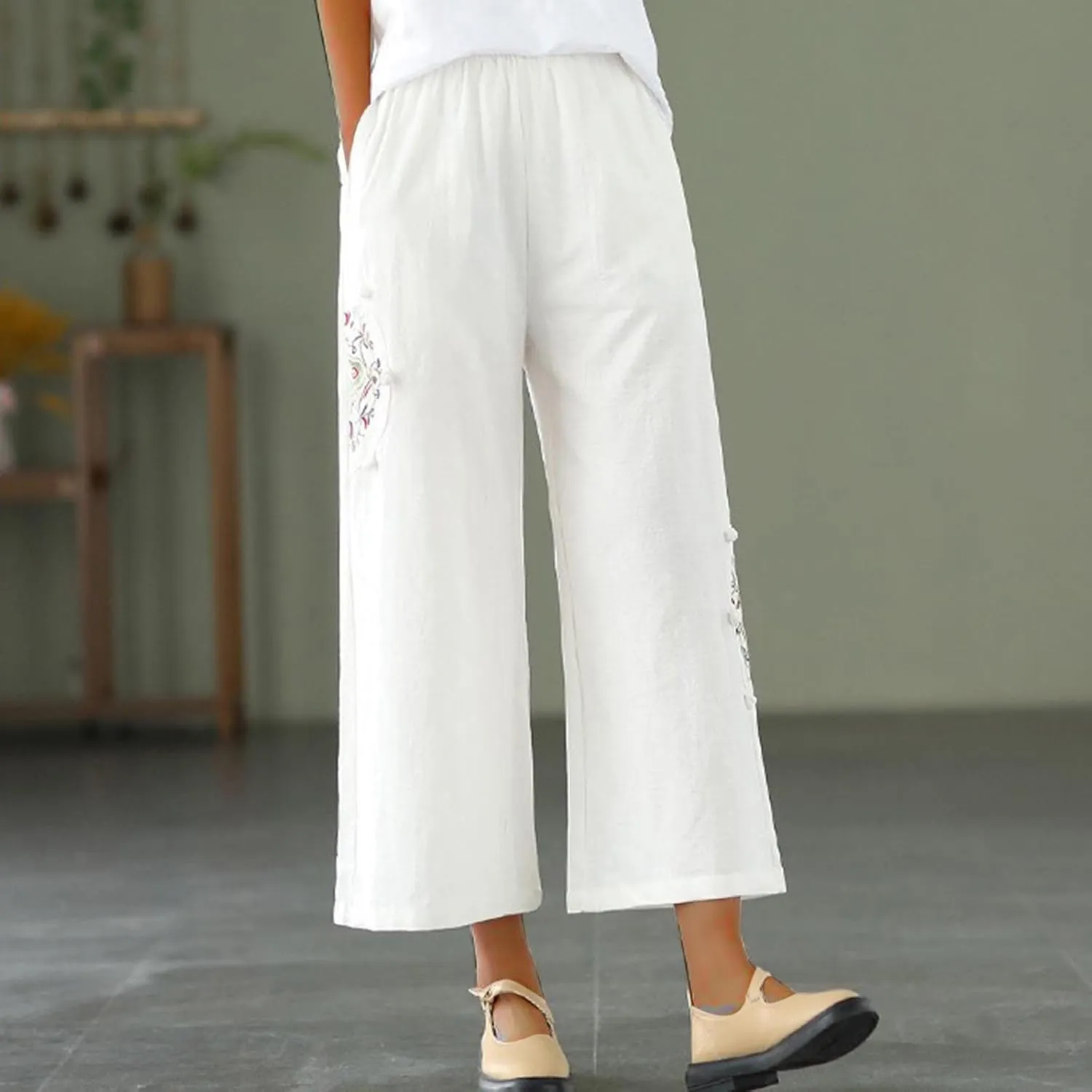 Mzkdieey Womens Wide Leg Capri Pants Mexican Embroidered Peasant Cropped Trousers Cotton Linen High Waist Palazzo Pants