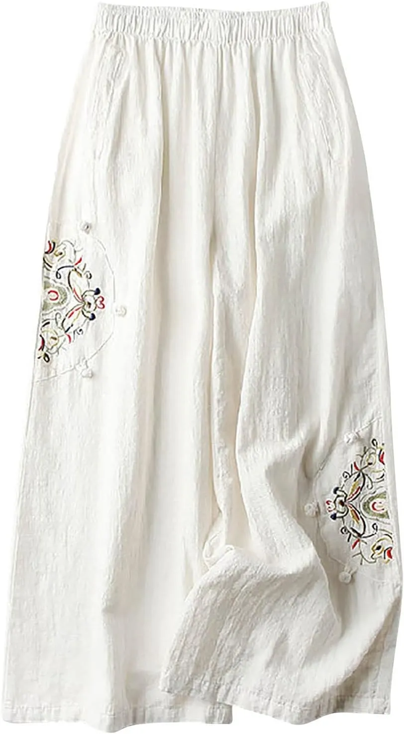 Mzkdieey Womens Wide Leg Capri Pants Mexican Embroidered Peasant Cropped Trousers Cotton Linen High Waist Palazzo Pants