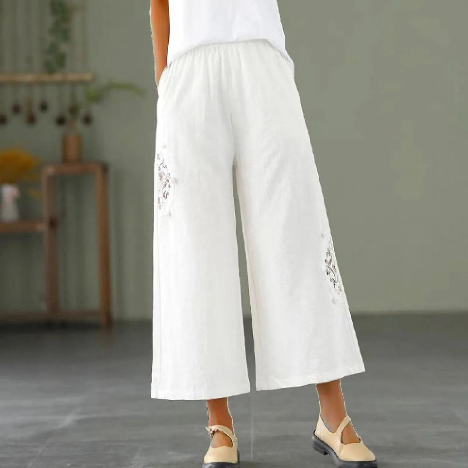 Mzkdieey Womens Wide Leg Capri Pants Mexican Embroidered Peasant Cropped Trousers Cotton Linen High Waist Palazzo Pants