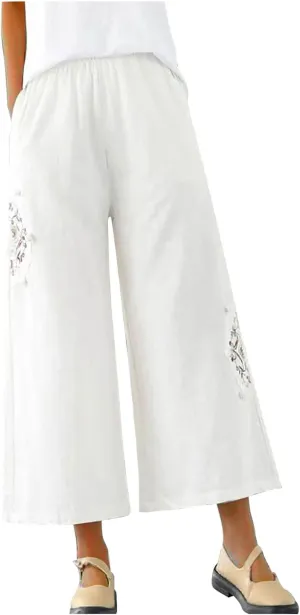 Mzkdieey Womens Wide Leg Capri Pants Mexican Embroidered Peasant Cropped Trousers Cotton Linen High Waist Palazzo Pants